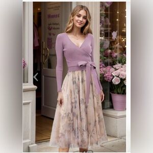 Chicwish Lilac Wrap Sweater & Floral Inky Tulle Midi Skirt Set Size M/L